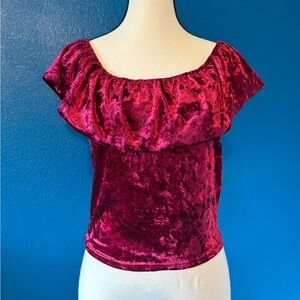 Burgundy Y2K Velour Off Shoulder Ruffle Top